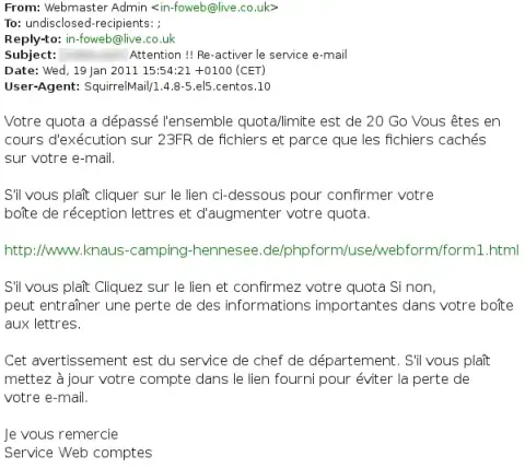 Exemplo de e-mail de phishing